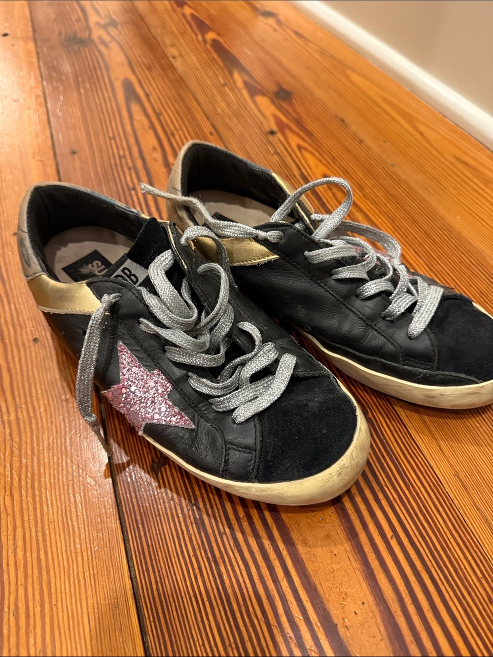 Golden Goose Black Leather Sneakers with Pink Glitter Star